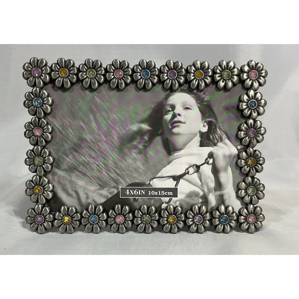 Pewter Floral Multicolor Rhinestone Picture Frame 4"x6" Pastel Y2K -No Glass